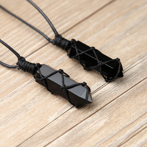 Natural Obsidian Crystal Hexagon Point Wrapped Pendant Necklace