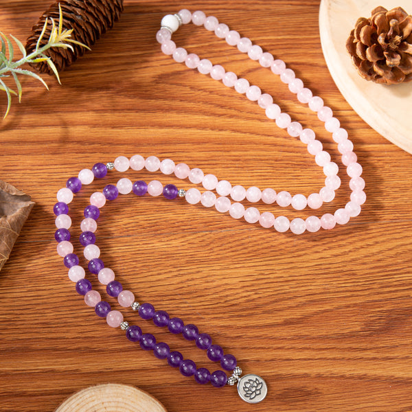 Natural Rose Quartz & Amethyst Stone Beads 108 Mala Prayer Becklace Bracelet Gift