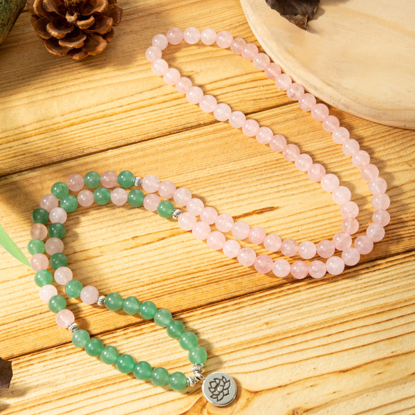 108 Beads Mala Rose Quartz Green Aventurine Healing Stone Bracelet Necklace