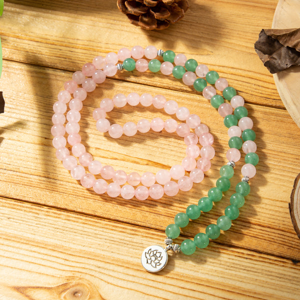 108 Beads Mala Rose Quartz Green Aventurine Healing Stone Bracelet Necklace