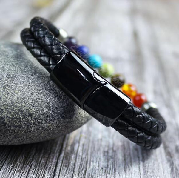 7 Chakra Natural Stone Men's Leather Strength Calming Healing Bracelet