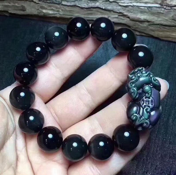 Natural Rainbow Eye Obsidian Feng Shui Pi Xiu Good Luck Beaded Healing Bracelet Gift