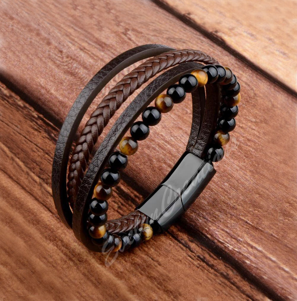 Men's Leather Black Obsidian Tiger Eye Stone Bracelet