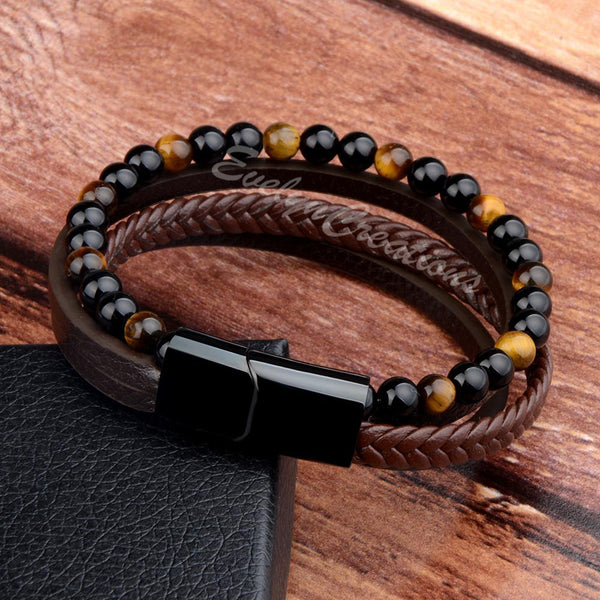 Men's Leather Black Obsidian Tiger Eye Stone Bracelet