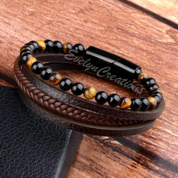 Men's Leather Black Obsidian Tiger Eye Stone Bracelet