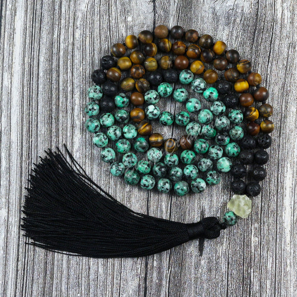 Hand Knotted 108 Beads Mala Prayer African Turquoise Tassel Necklace