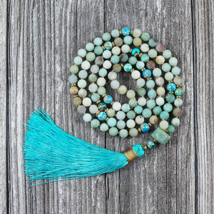 Hand Knotted 108 Beads Mala Prayer Amazonite Stone Tassel Necklace