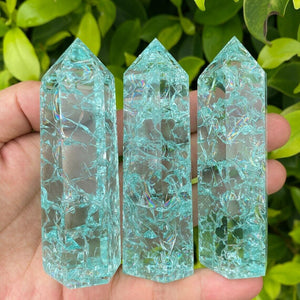 Clear Blue Crystals Glass Tower Crackle Reiki Healing Hexagonal Obelisk