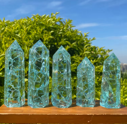 Clear Blue Crystals Glass Tower Crackle Reiki Healing Hexagonal Obelisk