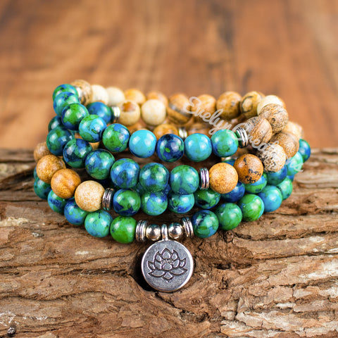 108 Mala Beads Picture Jasper Chrysocolla Stone Bracelet Necklace