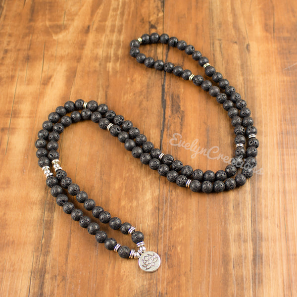 108 Mala Prayer Beads Natural Lava Stone Healing Grounding Necklace