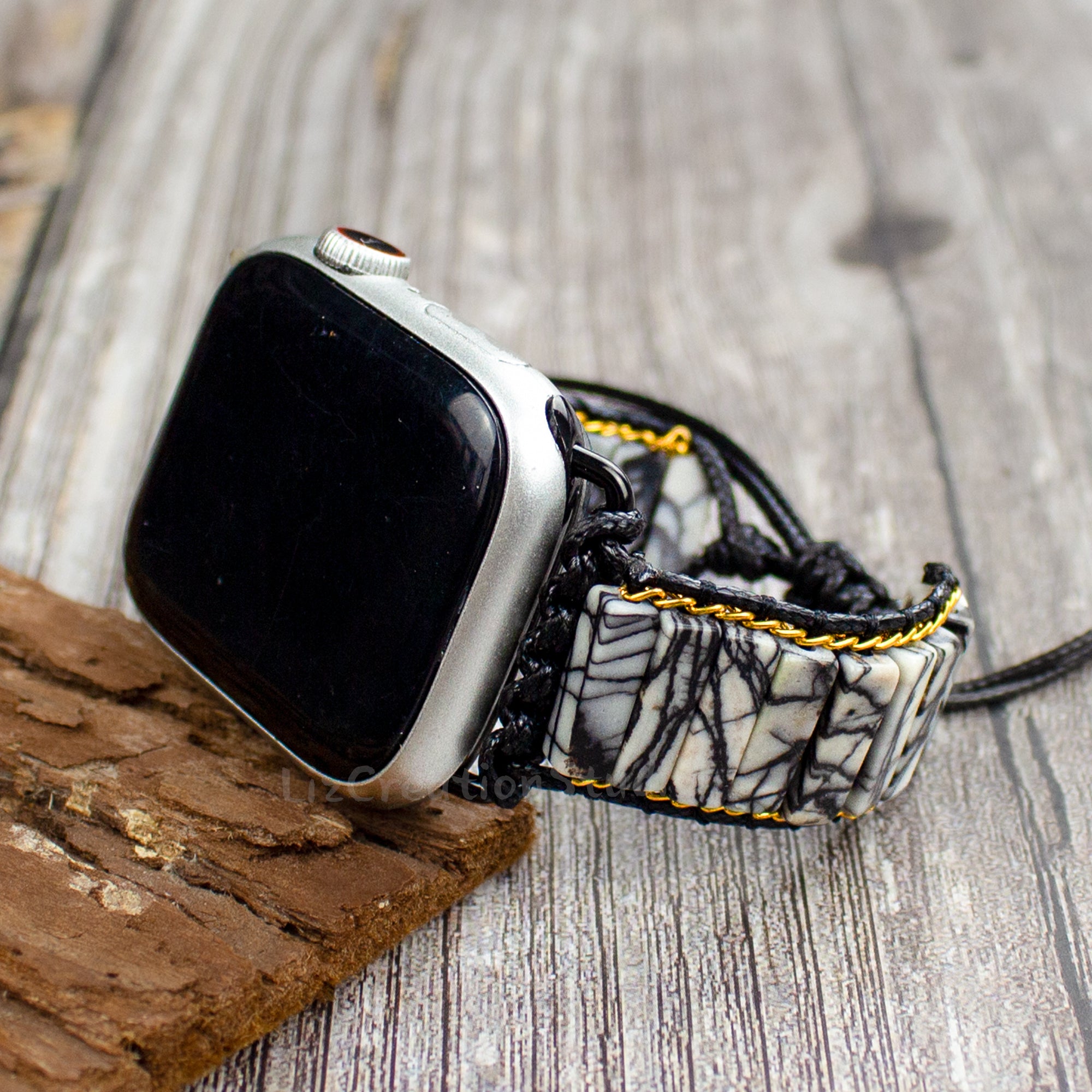 Natural Spiderweb Jasper Stone Watch Band Strap for Apple