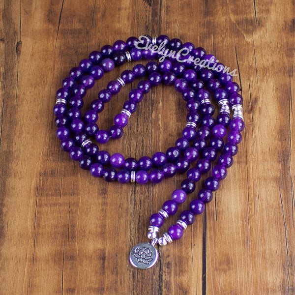 108 Mala Beads Amethyst Stone Healing Inspirational Balancing Calm Bracelet