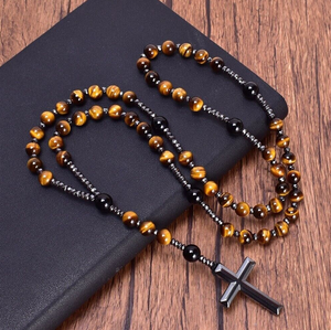 Natural Black Onyx Men's Hematite Cross Pendant Necklace