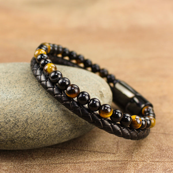Men's Black Obsidian Stone Tiger's Eye Healing Bracelet