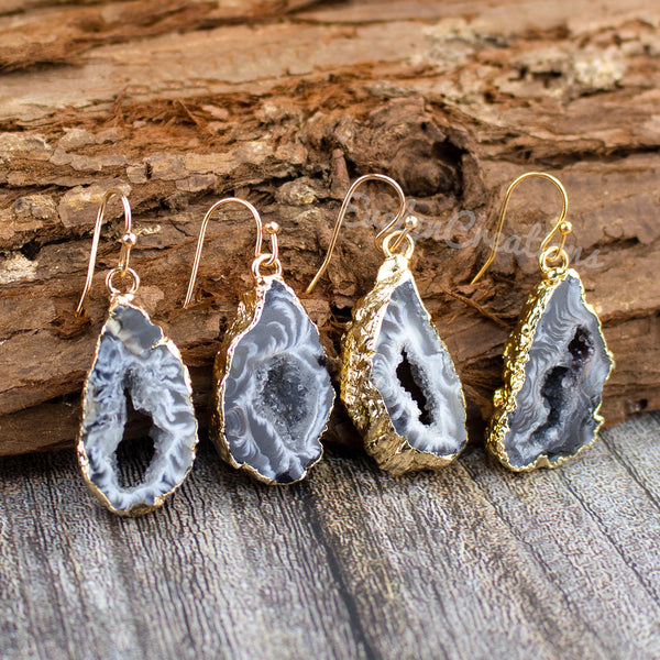 Natural Stone Druzy Agate Geode Crystal Earrings