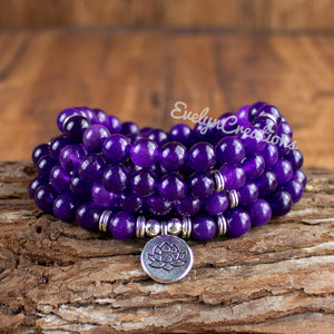 108 Mala Beads Amethyst Stone Healing Inspirational Balancing Calm Bracelet
