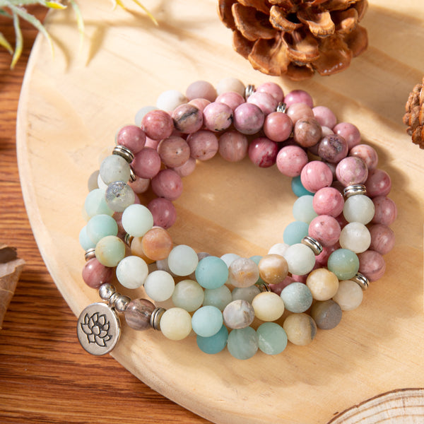 108 Rhodonite Mala Beads Amazonite Stone Necklace GIFT