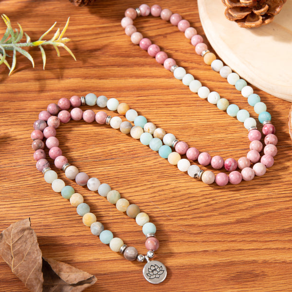 108 Rhodonite Mala Beads Amazonite Stone Necklace GIFT