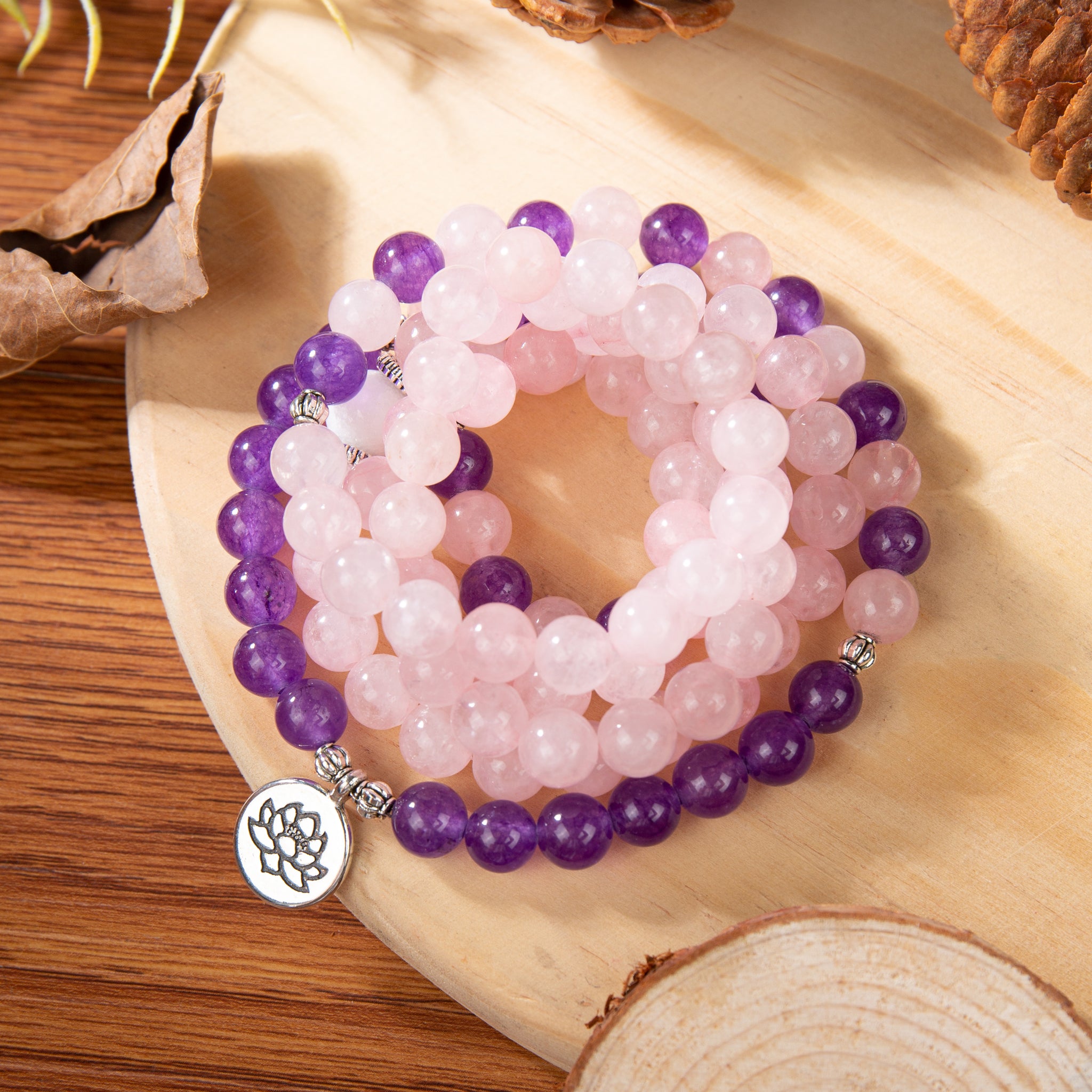 Natural Rose Quartz & Amethyst Stone Beads 108 Mala Prayer Becklace Bracelet Gift