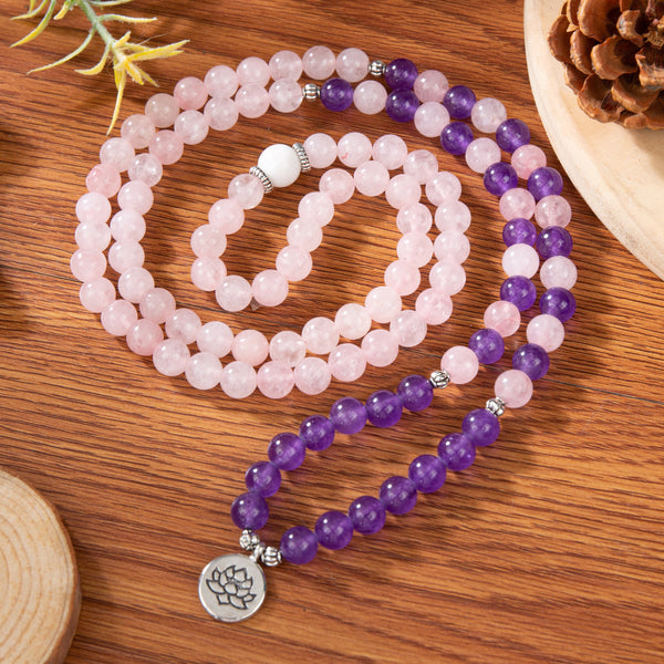 Natural Rose Quartz & Amethyst Stone Beads 108 Mala Prayer Becklace Bracelet Gift
