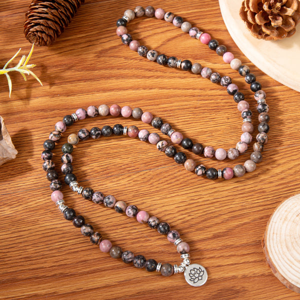 108 Prayer Beads Mala Rhodonite Stone Healing Bracelet Balance Meditation Necklace