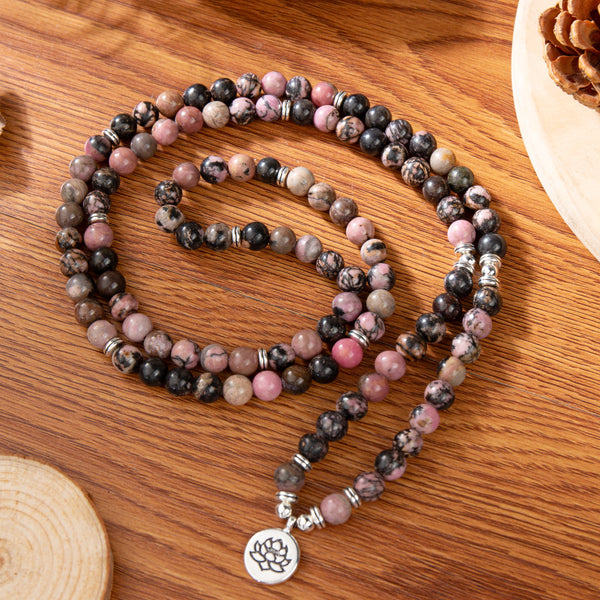 108 Prayer Beads Mala Rhodonite Stone Healing Bracelet Balance Meditation Necklace