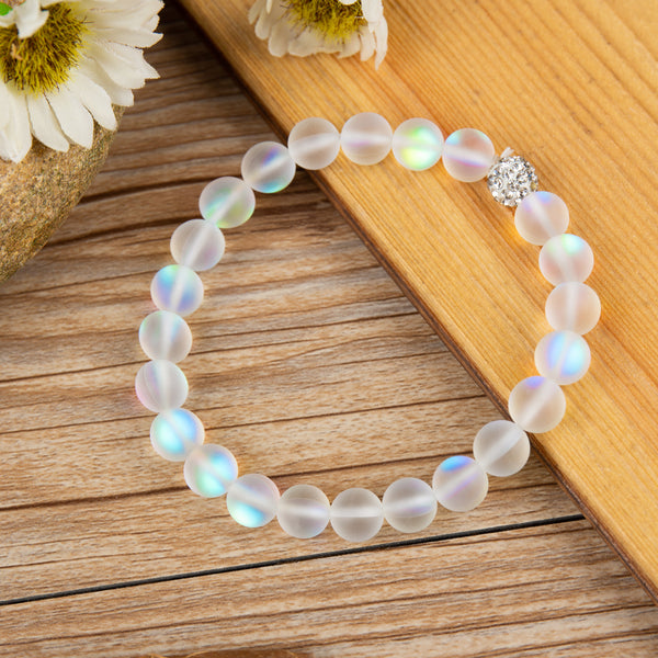 Mermaid Glass 8 mm Frosted Glowing Moonstone Beads Inner Peace Balance Healing Bracelet