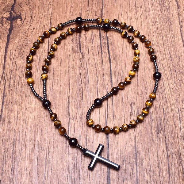 Natural Black Onyx Men's Hematite Cross Pendant Necklace