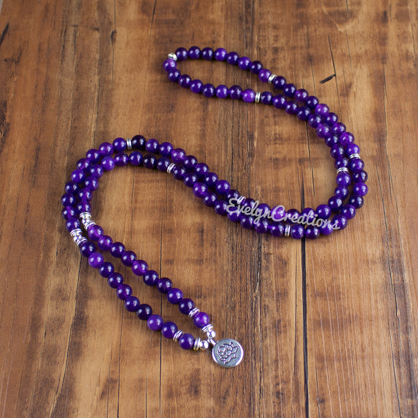 108 Mala Beads Amethyst Stone Healing Inspirational Balancing Calm Bracelet