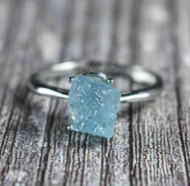Raw Stone Aquamarine Ring Minimalist Jewelry