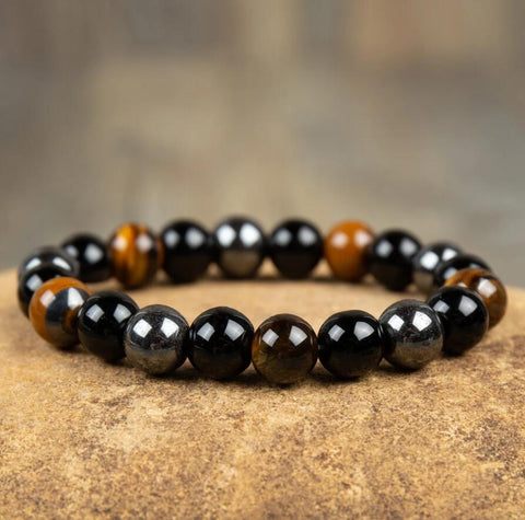 Hematite Obsidian Tiger's Eye Triple Protection Healing Stone Bracelet