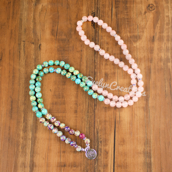 108 Mala Beads Rose Quartz Blue Sea Sediment Necklace