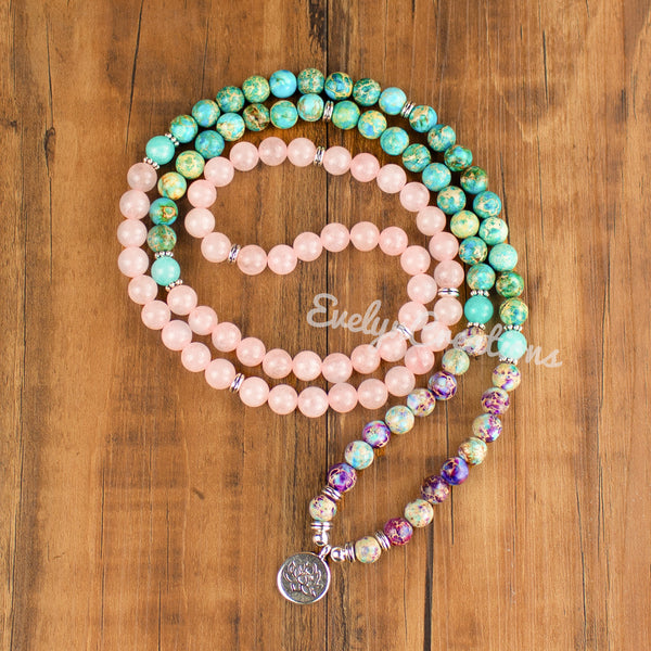 108 Mala Beads Rose Quartz Blue Sea Sediment Necklace