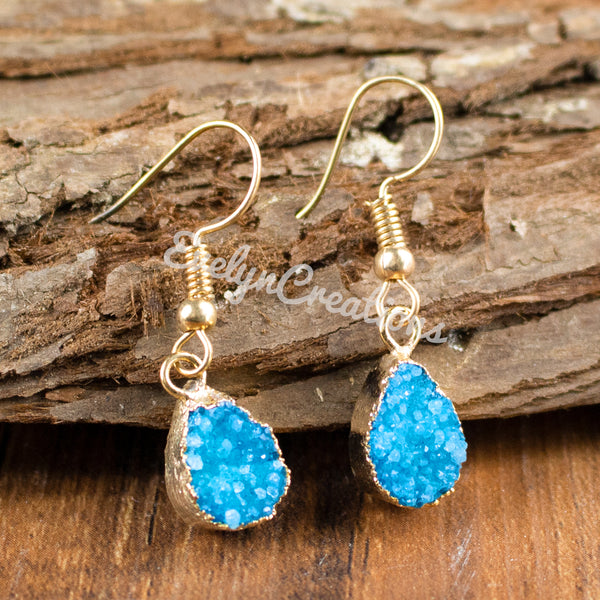 Blue Druzy Agate Natural Crystal Drop Earrings