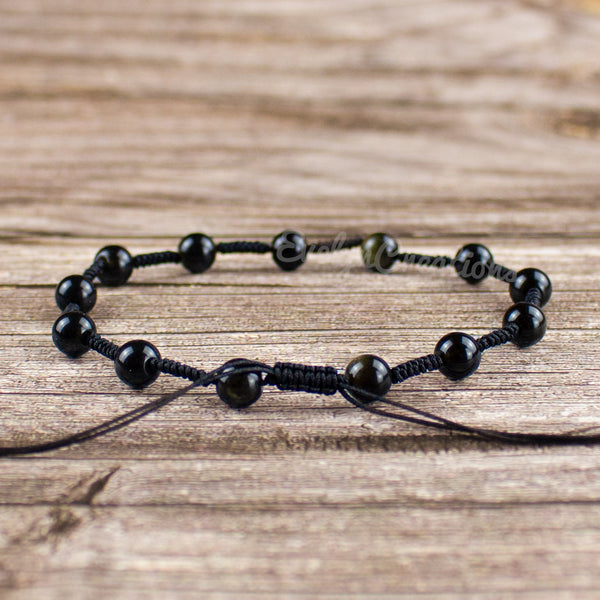 Natural Black Obsidian Beaded Anklet