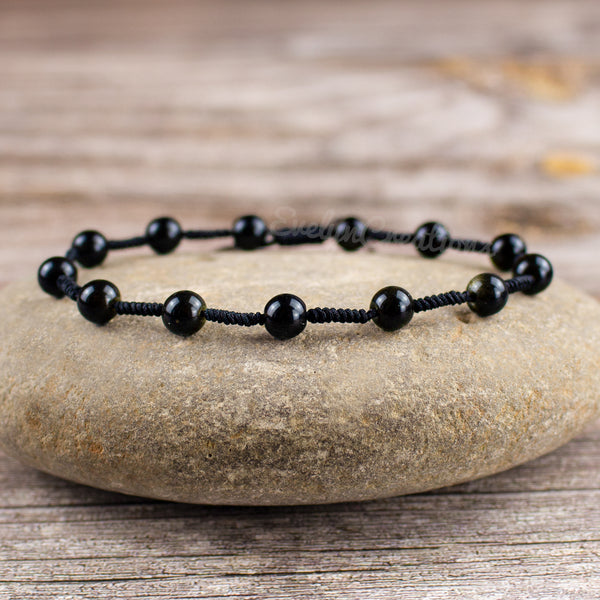 Natural Black Obsidian Beaded Anklet