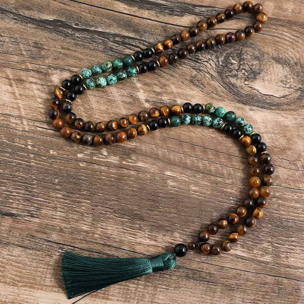 Natural Stone African Turquoise 108 Beads Mala Prayer Tiger Eye Tassel Necklace