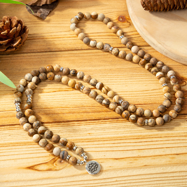 108 Natural Matte Picture Jasper Gemstone Mala Bead Bracelet