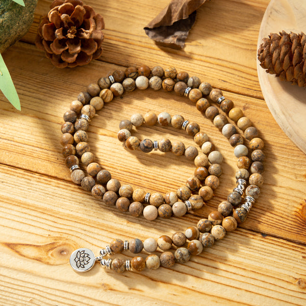 108 Natural Matte Picture Jasper Gemstone Mala Bead Bracelet