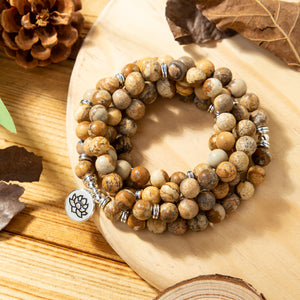 108 Natural Matte Picture Jasper Gemstone Mala Bead Bracelet