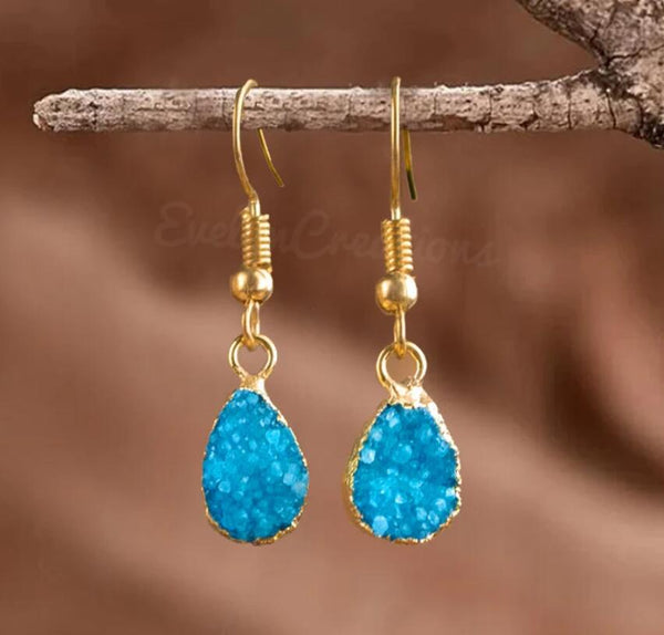 Blue Druzy Agate Natural Crystal Drop Earrings