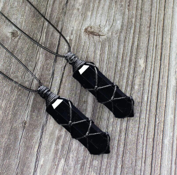 Natural Obsidian Crystal Hexagon Point Wrapped Pendant Necklace