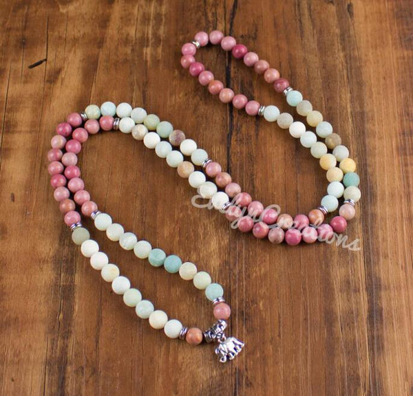 108 Rhodonite Mala Beads Amazonite Stone Necklace GIFT