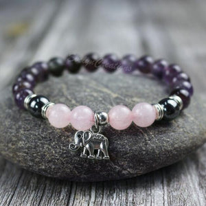 Natural Rose Quartz Amethyst Stone Elephant Charm Healing Bracelet