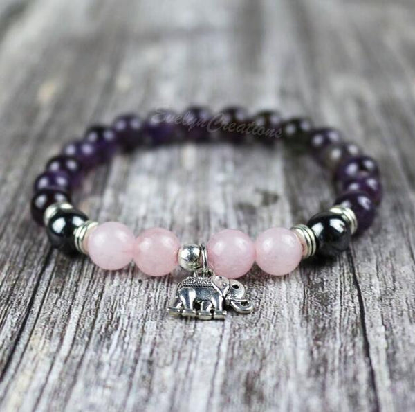 Natural Rose Quartz Amethyst Stone Elephant Charm Healing Bracelet