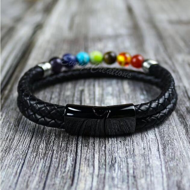 7 Chakra Natural Stone Men's Leather Strength Calming Healing Bracelet