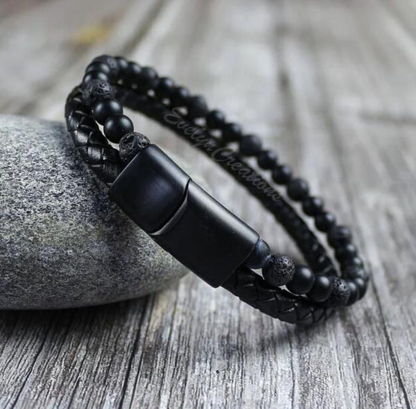 Men's Black Onyx Lava Stone Strength Calming Healing Leather Bracelet