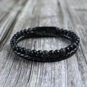Men's Black Onyx Lava Stone Strength Calming Healing Leather Bracelet