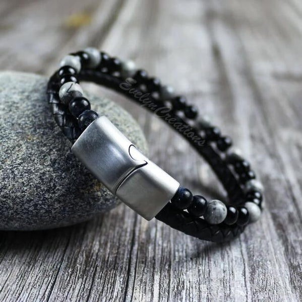 Men's Black Onyx Matte Silver Crazy Lace Agate Bracelet
